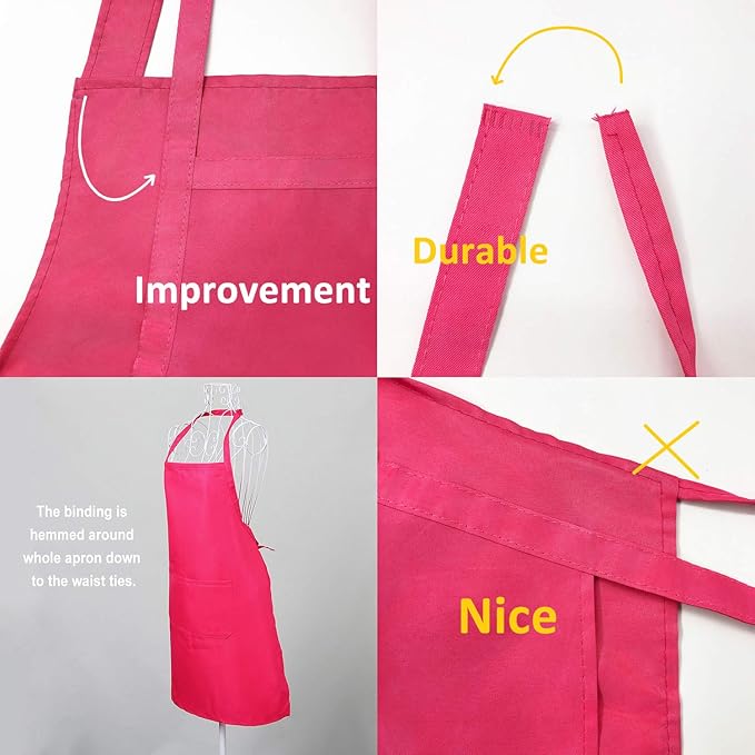 10 Pack Bib Pink Aprons Bulk for Women Girl Adult Painting BBQ Cooking Kitchen Baking with Pockets (10, Pink)