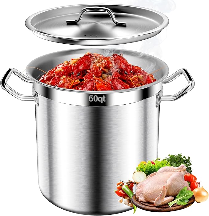 Stainless Steel Stockpot – 50QT Stock Pot with Lid, Heavy-Duty Tri-Ply Bottom Cooking Pot for Canning, Boiling Beer Brewing, Soup, Seafood Boil – Satin Finish Stainless Steel Soup Pots