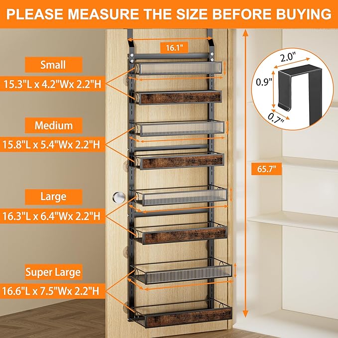 Over The Door Pantry Organizer,8 Tier Spice Rack Wall Mount with Adjustable Basket,Metal Heavy Duty Door Organizer Hanging Storage Shelf for Kitchen Pantry and Bathroom