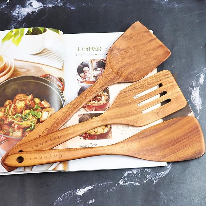 10 Pcs Wooden Spoons for Cooking,Teak Wooden Kitchen Utensils Set Spatulas for Cooking Utensils