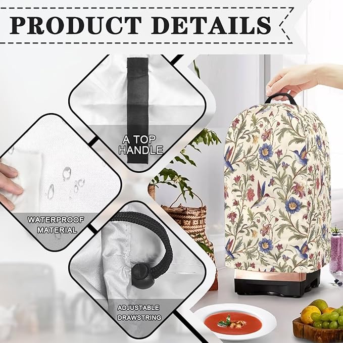 Hummingbird Floral Blender Dust Cover with Drawstring Stand Mixer or Coffee Maker Cover Anti Fingerprint Polyester Appliance Cover for Home Kitchen Decor