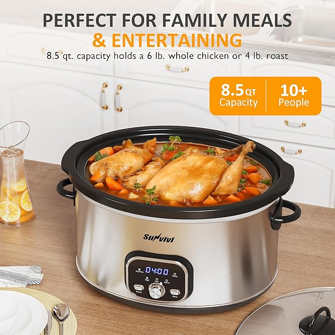 Sunvivi Slow cooker Pot 8.5 QT Programmable Stainless Steel Color : Multi-Cooker Food Warmer with Delay Function, Adjustable Tempature Control, Dishwasher Safe, Perfect for Families, Sliver