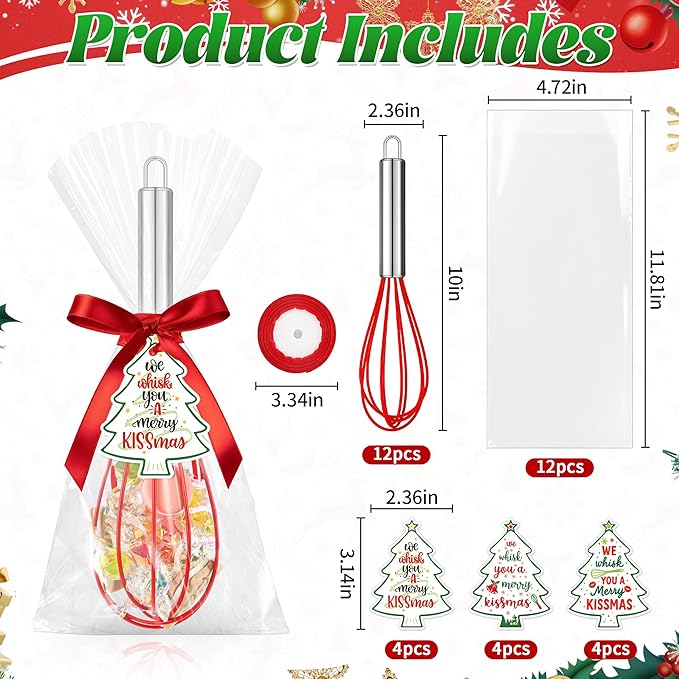 12 Sets 10 Inch Christmas Whisk Baking Gifts, DIY Fillable Christmas Tree Ornaments, Xmas Colored Silicone Whisks for Xmas Employee Neighbor Cooking Supplies Xmas Stocking Stuffers Candy Holder