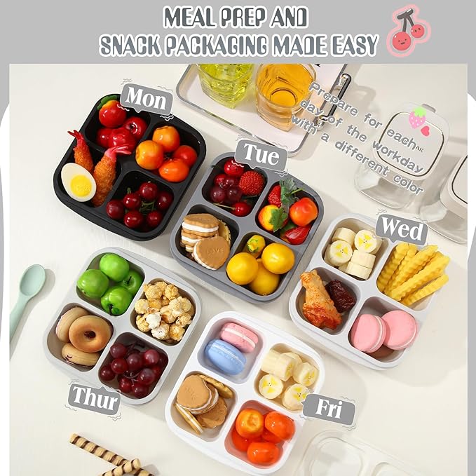 Honeydak 5 Pack Snack Containers 4 Compartment Bento Snack Boxes Reusable Lunchable Containers with Lids Divided Meal Prep Lunch Food Storage Box for School Work Travel(Black and White Ombre,Equal)
