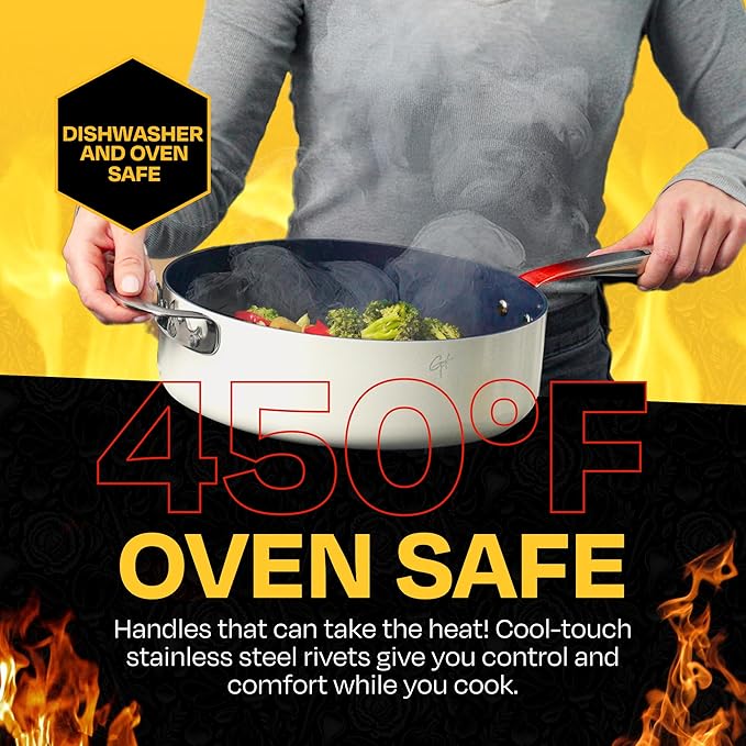 Guy Fieri's Flavortown 15-Piece Ceramic Cookware Set, Nonstick Pots and Pans for Cooking, Easy-Clean Kitchen Cookware, Made without PFAS PTFE PFOA, Induction Compatible, Dishwasher Safe, Blue & White