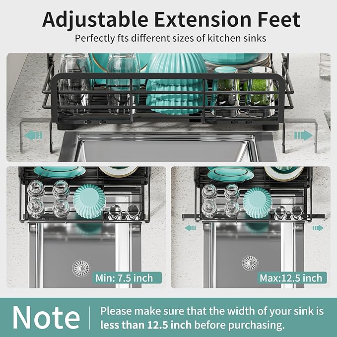 Small Dish Drying Rack - Extendable Dish Rack for Kitchen Counter, Rustproof Dish Drainers with Utensil Holder, Perfect for Apartments, RVs and Small Spaces,16.5" D x 7.5"-12.5" W x 6.5" H