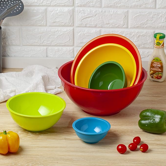 YIHONG 6 Piece Plastic Mixing Bowls Set, Colorful Serving Bowl for Kitchen, Ideal for Baking, Prepping and Cooking,Nesting Design for Space Saving Storage, Rainbow