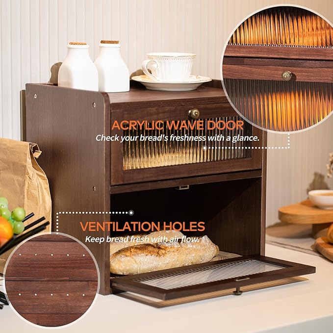 Solid Wood Bread Box for Kitchen Countertop with 50 Count Deli Paper, Double Layer Large Capacity Wooden Breadbox, Vintage Food Storage Container for Kitchen Counter Corner, Brown