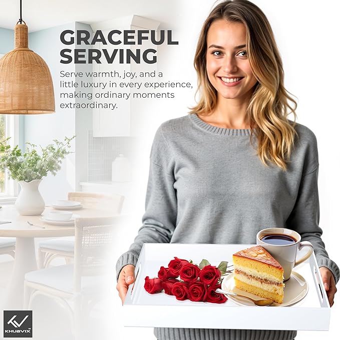 White Tray 20×12" with Cut Handles - Spill Proof Decorative Tray is an Ideal Countertop Organizer for Living Rooms, Ottoman Coffee Tables, Offices, Kitchens & Serving Guests