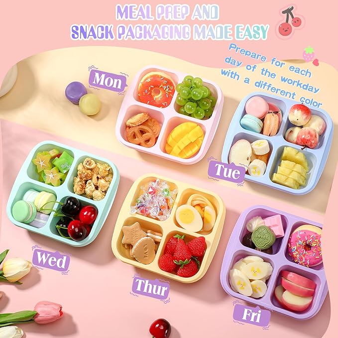 Honeydak 5 Pack Snack Containers 4 Compartment Bento Snack Boxes Reusable Lunchable Containers with Lids Divided Meal Prep Lunch Food Storage Box for School Work Travel(Fresh Macaroon,Equal)