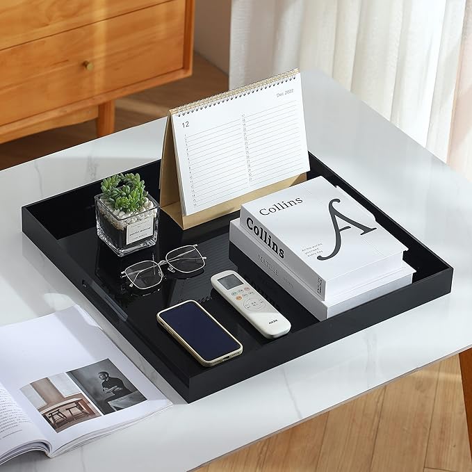 Black King Size Large Acrylic Serving Tray for bed-24x24 Inch -Spill Proof- Decorative Trays Countertop Organizer for Ottoman,Nightstand, Sidetable, Butler (24X24 Inch, Black)