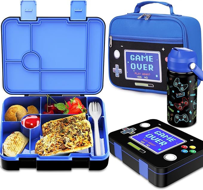 Bevalsa Kids Bento Lunch Box with 6 Compartment, Stainless Steel Metal Water Bottle, Insulated Bag & Utensils, BPA-Free Leakproof Food Container for School Boys Girls, Back To School Gift