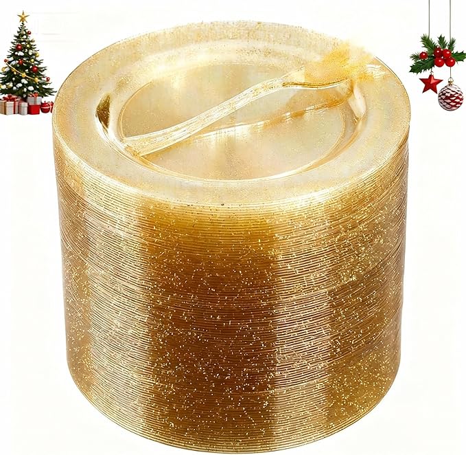 WELLIFE 120 Guests Gold Glitter Plastic Plates and Dessert Forks, 6.5 inch Disposable Dessert Plates, Durable Plastic Small Forks, Perfect for Catering, Parties &Weddings, regular