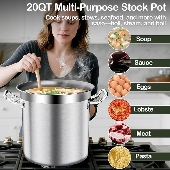 Stainless Steel Stock Pot，20QT Large Stock Pot with Lid for Boiling Cooking Soup Stew Canning, Heavy Duty Tri-Ply Bottom for Boiling Cooking Soup Stew Canning Cooking Pots, Cookware Sauce Pots