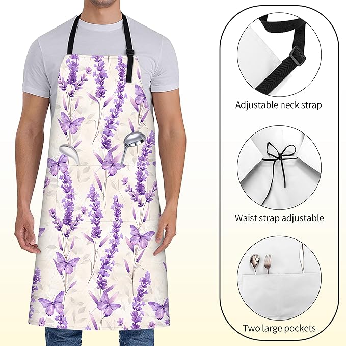 Lavender Apron for Women with Butterfly Floral,28x33in,Elegant Spring Kitchen Aprons with 2 Pockets, Oxford Fabric,Flower Adjustable Apron for Cooking Baking Gardening Chef,Gifts for Mom Wife