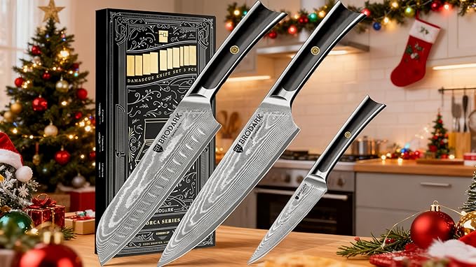 BRODARK Damascus Chef Knife 3 PCS, VG10 Steel Full Tang Sharp Professional Japanese Chef Knife Set for Kitchen, Christmas, Ergonomic Pakkawood Handle Damascus Knife Set with Gift Box