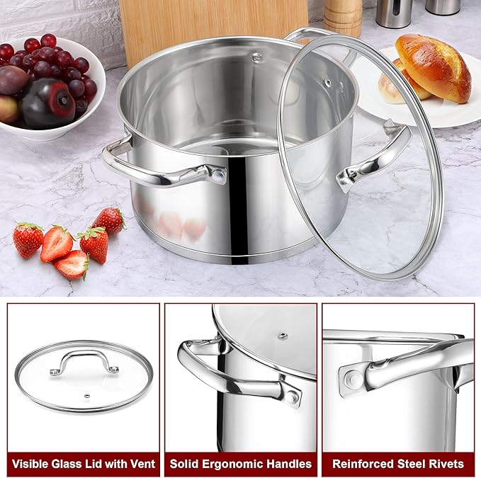 LIANYU 6 QT Stainless Steel Stock Pot, Kitchen Tri-ply Base Cooking Soup Pot with Glass Lid, Heavy Duty Non-toxic Cookware for Meal, Compatible with Induction Cooktop Electric Stove, Dishwasher Safe