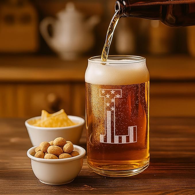 Monogram Beer Glasses for Men (A-Z) 16 oz - Beer Gifts for Men Brother Son Dad Neighbor - Unique Gifts for Him - Personalized Drinking Gift Beer Glass Mugs - Engraved Beer Can Glass (L)