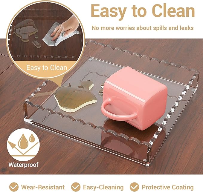 Dual-Size Scalloped Acrylic Serving Set (10"&8") w/Magnetic Panels - Clear-View Tray for Dining Tables, Non-Slip Pads Secure Plates & Glasses, Housewarming/Restaurant Gift