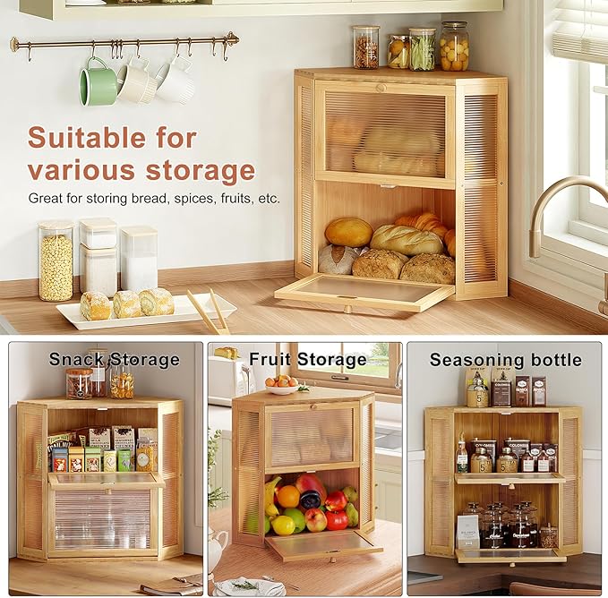 WOWLIVE Corner Bread Box for Kitchen Countertop, Double Layer Bamboo Bread Storage Container, Large Farmhouse Bread box with Acrylic Wavy Door Panel, Under Cabinet Organizer (Natural, Extra Large)