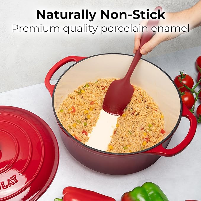 Zulay Kitchen 7.7 Quart Enameled Cast Iron Dutch Oven Pot with Lid – Premium Durability & Oven Safe up to 500°F – Heavy Duty Cookware Perfect for Bread Baking, Stews, Braising & Roasting – Red