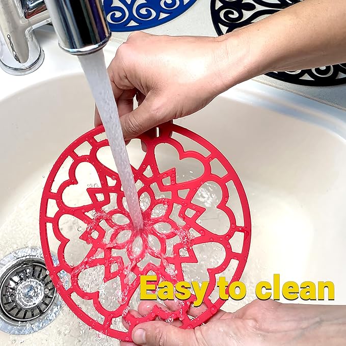 3 Set Silicone Trivet Mats with 1 Extra Large Included | Intricately Carved Insulated Flexible Durable Non Slip Thick Round Premium Trivets for Hot pots and Pans | Rubin Red