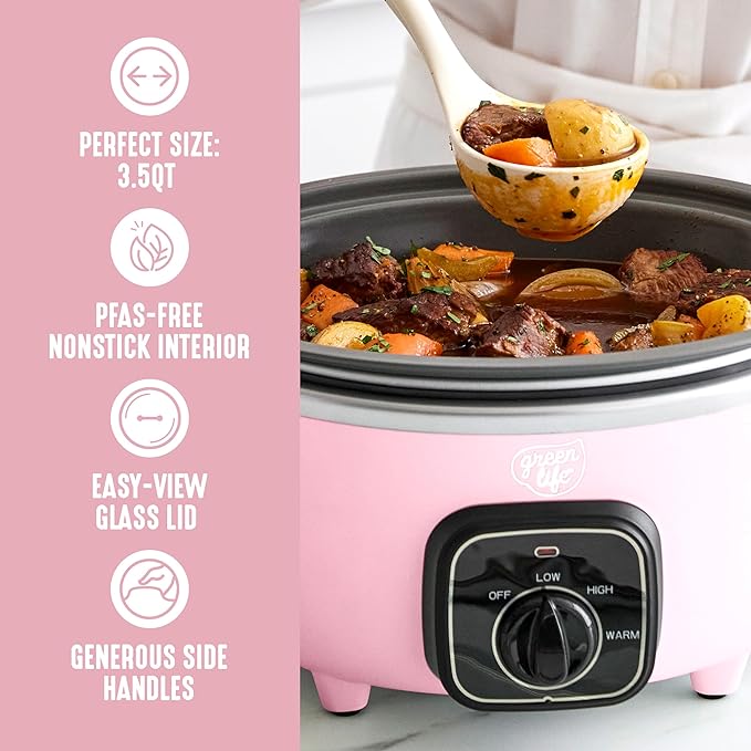 GreenLife 3.5QT Slow Cooker, PFAS-Free Non-Toxic Ceramic Nonstick Removable Interior Bowl, Programmable, Keep Warm, Stovetop & Oven Safe Pot, Dishwasher Safe Crock & Glass Lid, Pink