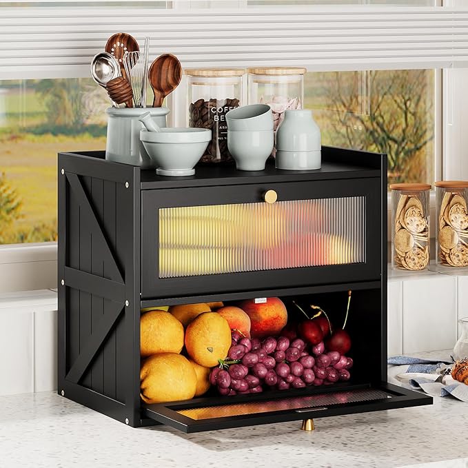 Double Layer Bread Box for Kitchen Counter Black Bread Storage Container with Acrylic Door Large Farmhouse Breadbox Organizer Bread Holder (Black)