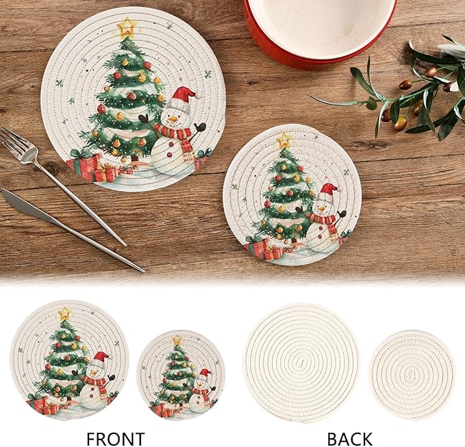 Watercolor Christmas Tree Snowman Kitchen Trivets Pot Holders Set of 2, Trivets for Hot Pots Dishes Woven Trivet Coaster Pad Mat for Counter