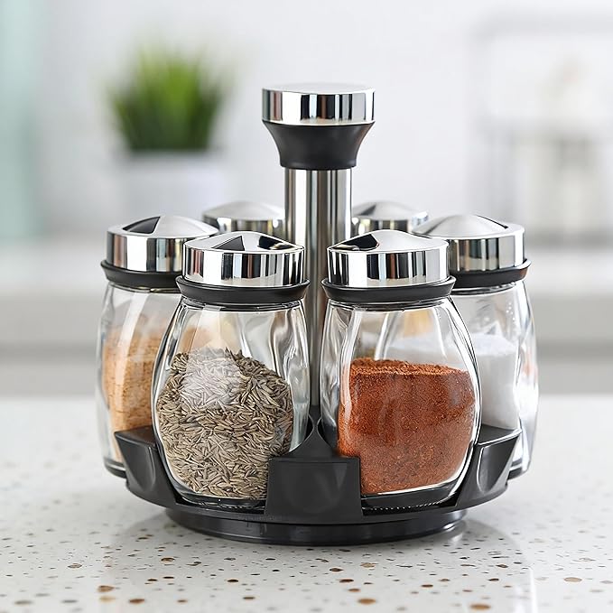360° Rotating Spice Rack, 6PC Spinning Glass Spice Jars Suitable for kitchen countertops, spice storage, cooking, outdoor BBQ,(Spices Not Included)