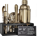 Brushed Brass Mixology Kit - 15 Piece Bar Tool Set, Silver Bar Set Cocktail Shaker Set for Drink Mixing - Includes Martini Shaker, Jigger, Strainer, Bar Mixer Spoon, Tongs, Opener | Gift Idea