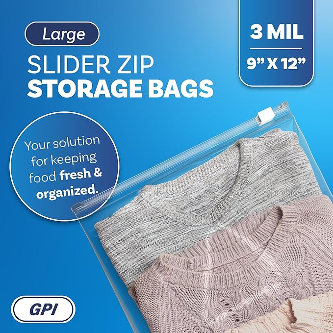 1000 Count - Slider Zip Food Storage Bags, 9" x 12" 3 Mil Heavy Duty, Strong & Durable For Freezer Storage. GPI