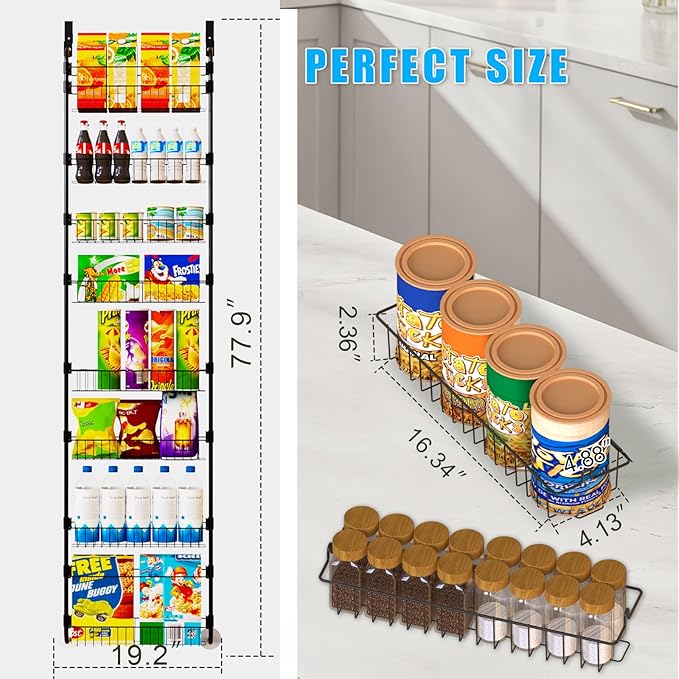 Black Over the Door Pantry Organizer 8 Tier, Adjustable Basket Pantry Door Organizer and Storage, Heavy Duty Metal Kitchen Hanging Spice Rack (D5xW19xH50 Inches)