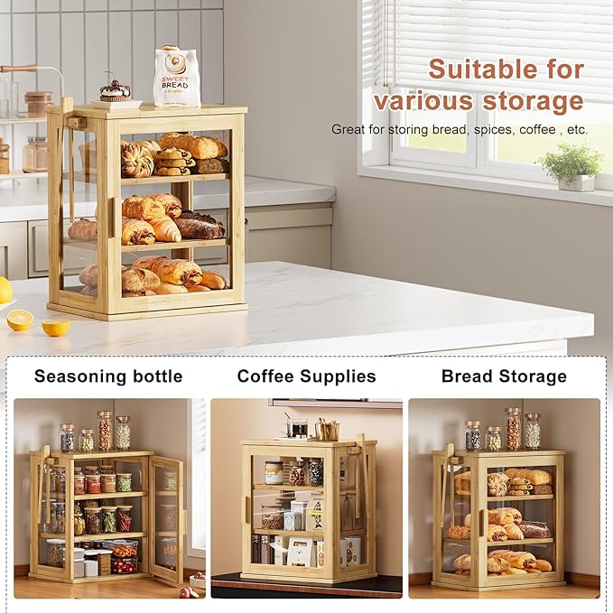 WOWLIVE Bamboo Bread Box for Kitchen Countertop, Large 3 Layers Bread Storage Container for Homemade Bread with Window, Farmhouse Breadbox Organizer for Kitchen, Cabinet, Pantry (Natural, Meduim)