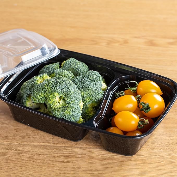 30oz Meal Prep Containers (50-Pack) - Reusable Bento Box Style, 2 Compartments for Portion Control - Leakproof, Microwave & Dishwasher Safe, Perfect for Healthy Lunches