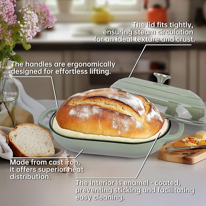 Premium Enameled Cast Iron Dutch Oven for Bread Baking | Non-Stick 5QT Oval Bread Oven with Lid | Perfect for Sourdough, Loaf, and Artisan Baking (Gradient Green, 5 QT)