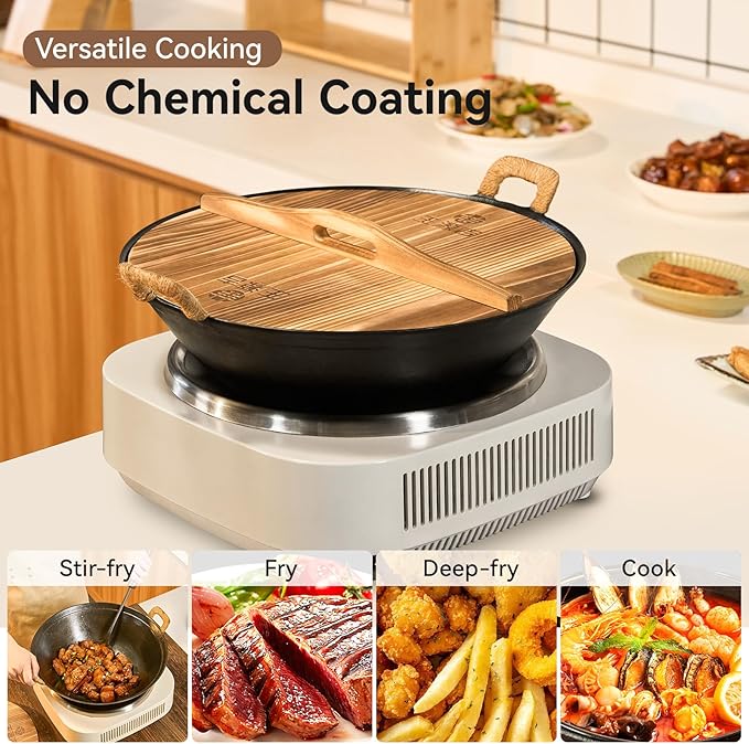 WANGYUANJI 14.2 Inch Cast Iron Wok with Wooden Lid and Iron Spatula, Flat Bottom Double-Handle Chinese Stir Fry Pan, Uncoated Cast Iron Wok for Induction, Gas and Electric Stoves