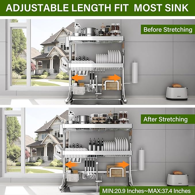 Over The Sink Dish Drainer Drying Rack 3 Tier, Full Stainless Steel Dish Drying Rack Adjustable Length 20.9''-37.4'', Kitchen Sink Shelf, Organized Space-Saving Dish Rack