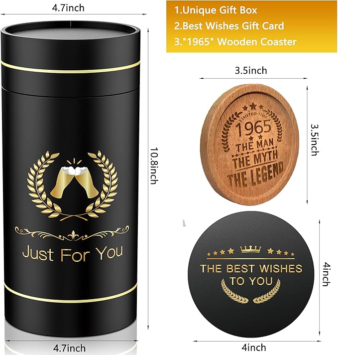 60th Birthday Beer Glasses Gifts, Personalized '1965' Vintage Glass Ware Set for Men, Black Gift Package with Drinking Glass, Coaster, and Card for 60 Years Old Man