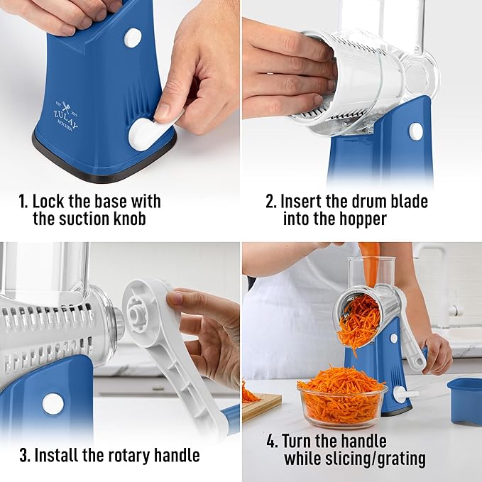 Zulay Kitchen Rotary Cheese Grater 5 Blade Cheese Shredder - Manual Hand Crank Cheese Grater With Reinforced Suction & 5 Interchangeable Drums - Easy to Use, Vegetable Chopper Round Mandoline Slicer