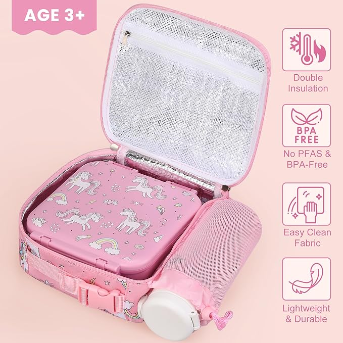 Kids Lunch Box Set with Bento Box, 9oz Stainless Steel Thermos & Insulated Lunch Bag – Hot & Cold Leakproof Lunch Container with Utensils for School & Travel, Pink Set