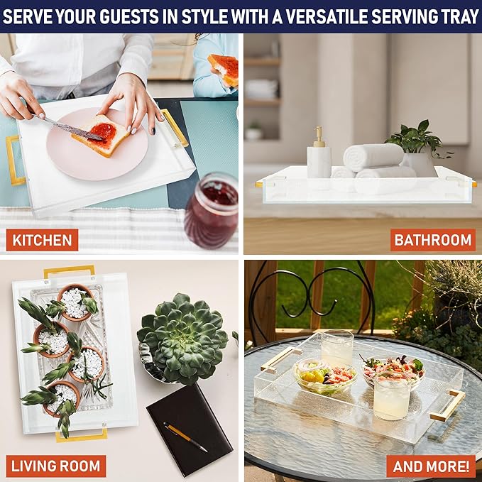 Acrylic Serving Tray with Gold Handles, 16" x 12" Decorative Tray for Coffee Table, Spill-Proof Server for Food and Drinks. Multipurpose for Kitchen, Countertop, Vanity, Ottoman, and Parties (Clear)