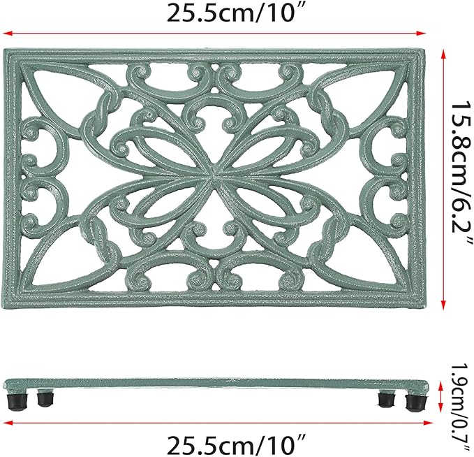 Sumnacon Cast Iron Trivet Heat Resistant Iron Trivets for Hot Dish Pot Pan Plate Teapot, Rustic Cast Iron Trivets for Cooktop Kitchen Dining Table, Rectangle Metal Trivet with Rubber Feets, Green