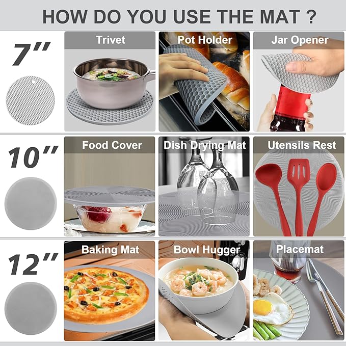 4 in 1, KooMall Trivets for Hot Dishes Pots and Pans & Multi-Purpose Microwave Mat, Silicone Hot Pads for Kitchen Counter, Quartz Countertop Hot Plates Protectors, Heat Resistant, Gray 12'' 10'' 7''