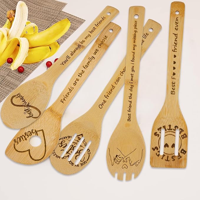 Bestie Gifts,Friend Birthday Gifts for Women,Friendship Gift for Best Friends Female Women Sister Mom Wife Her Girlfriend Coworker Bestie Bff,5PCS Friend Wooden Cooking Spoons