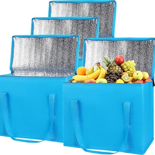 Bodaon 4-Pack Insulated Reusable Grocery Shopping Bag, X-Large Frozen Food Cold, Cooler Bags with Zippered Top, Insulated Food Delivery Bag, Blue