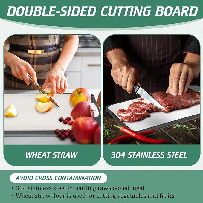 Patelai 2 Pack Stainless Steel Cutting Board Double Sided Cutting Board Large 304 Stainless Steel Wheat Straw PP for Kitchen Chopping, Easy to Clean (14 x 9.6 Inch,15.7 x 10.6 Inch)