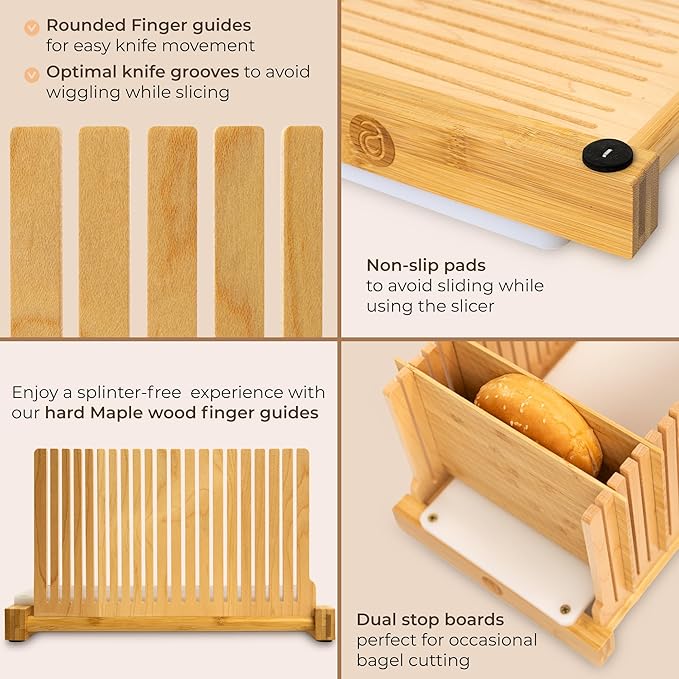 Bread Slicer for Homemade Bread - No Splinter with HDPE Base & Maple Finger - 4 Different Thicknesses for Uniform & Consistent Slices - Foldable Bread Cutter with Optimal Knife Grooves