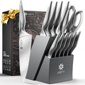 Knife Set - Ultra Sharp Knives Set for Kitchen with block, 15 PCS Stainless Steel Knife Set with Built-in Sharpener, Ergonomic Non-Slip Handle, Christmas Elegant Box for Men Women, Steel Gary