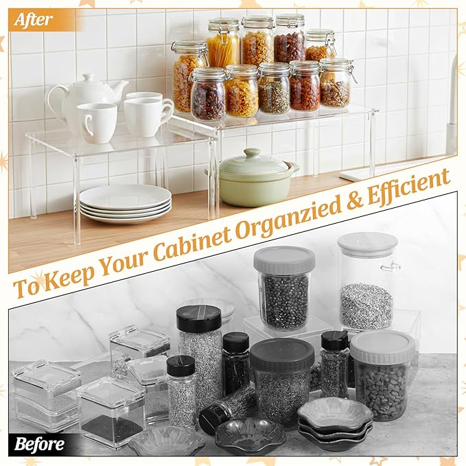 4Pack Acrylic Cabinet Organizer, Clear Cabinet Organizer Shelf, Spices, Soda Cans and Bottles, Stackable Shelves House Essentials for Gift
